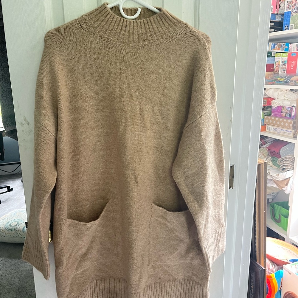 Cozy Tan Knit Sweater dress with Pockets